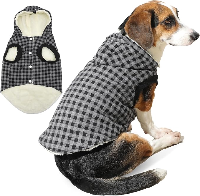 Vecomfy Fleece Lining Dog Hoodie for Large Dogs Extra Warm Plaid Sweater with Drawstring Hooded Coats in Winter Doggie Jacket,Black XXXL