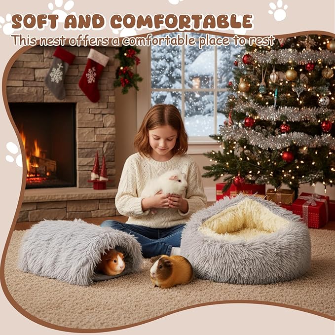 2 Pack Guinea Pig Hideout Bed with Tunnel, Large Soft Plush Cozy House, Washable Hideaway for Guinea Pigs and Small Animals(Style 2)