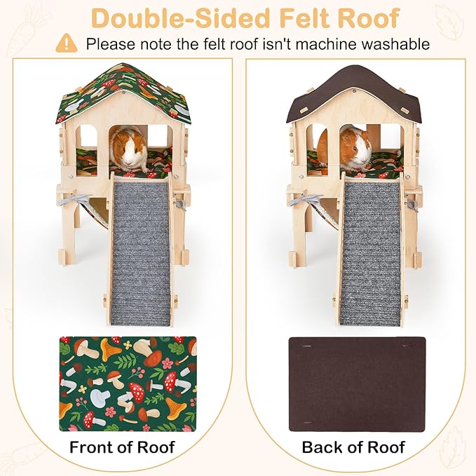Bienbee Guinea Pig Hideout, Large Wooden Guinea Pig Castle with Stair, Hammock and Mat, Detachable Double-Decker Guinea Pigs House for Bunny Hamster Chinchilla Ferret Rabbit Guinea Pigs Accessories