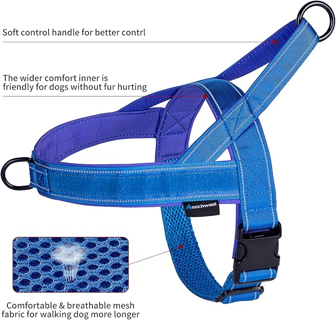 Annchwool No Pull Dog Harness with Padded Handle+5 Ft Leash,Reflective Strip Escape Proof and Quick Fit to Adjust Dog Harness,Easy for Training Walking for Small & Medium and Large Dogs(Blue-Set,XL)