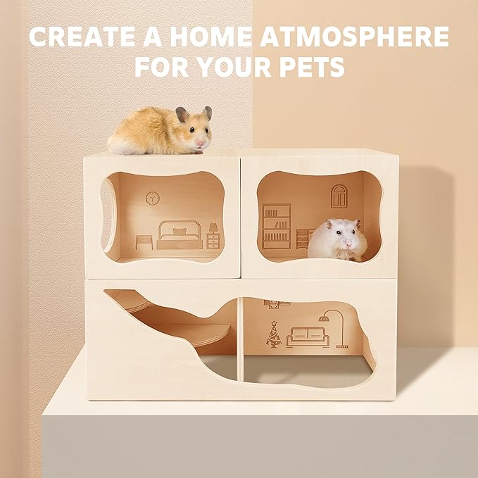 Hamster Hideout Wooden House,Hamsters Multi Chamber Hideout,Small Animal Habitat for Clear Observation,Hamster Toys for Dwarf Hamstersm,Gerbils, Hedgehogs, Rats, Mice(Living Room)