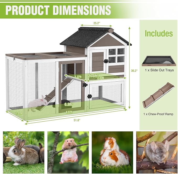 GUTINNEEN 51.6" Large Rabbit Hutch with Chew-Proof Ramp, Small Chicken Coop with Run for Outdoor, Indoor Bunny Cage Guinea Pig House with Leak-Proof Tray (Brown)