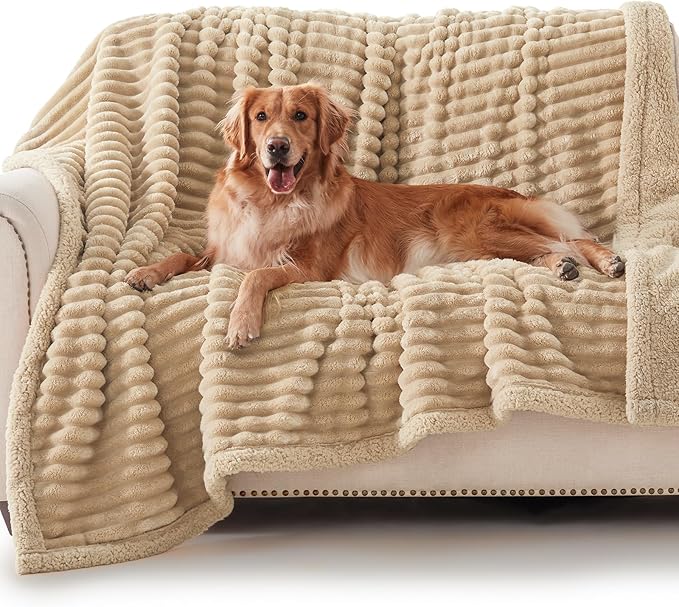 AIPERRO Waterproof Dog Blanket for Large Dogs, Washable Soft Puppy Cat Blanket Flannel Cotton Velour for Sofa Couch Protector, Comfort & Security Reversible Bed Protection for Pet, 50"X60", Khaki