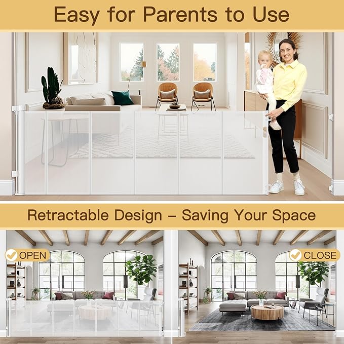 Reinforced 159 Inch Extra Wide Child Gates for wide Openings, Indoor/Outdoor Retractable Fence/Barrier/Blocker/Screen for Baby and Pet, Bottom Anti-crawl Extra Long Baby Gate for Large Openings, White