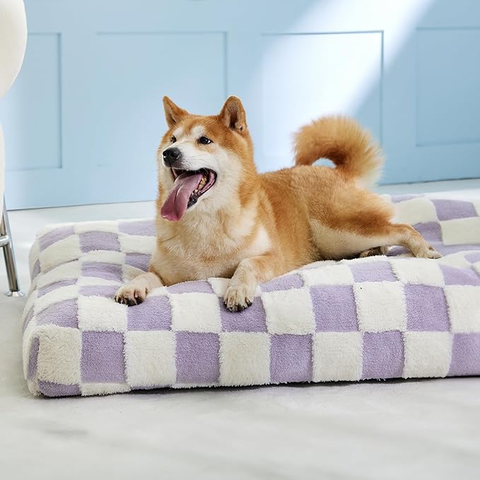 LE SURE Extra Large Dog Bed-Thick Shredded Chopped Foam Pet Bed Indoor with Removable Cover, Cute Modern Fuzzy Plush & Anti Slip Bottom, Purple