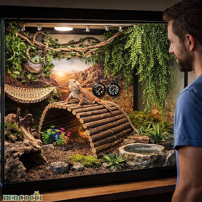 HERCOCCI Bearded Dragon Tank Accessories, Large Reptile Bridge Hammock Flexible - Jungle Climbing Vines and Leaves with Suction Cups Habitat Décor for Hiding& Climbing Snake Gecko Lizard Chameleon