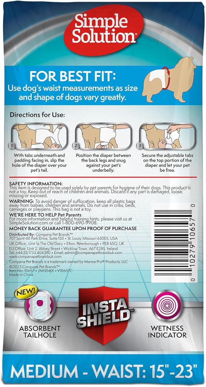 Simple Solution Dog Diapers, Medium, Female Dogs, Waist 15-23 in | Super Absorbent | Wetness Indicator | Disposable | 30 Count