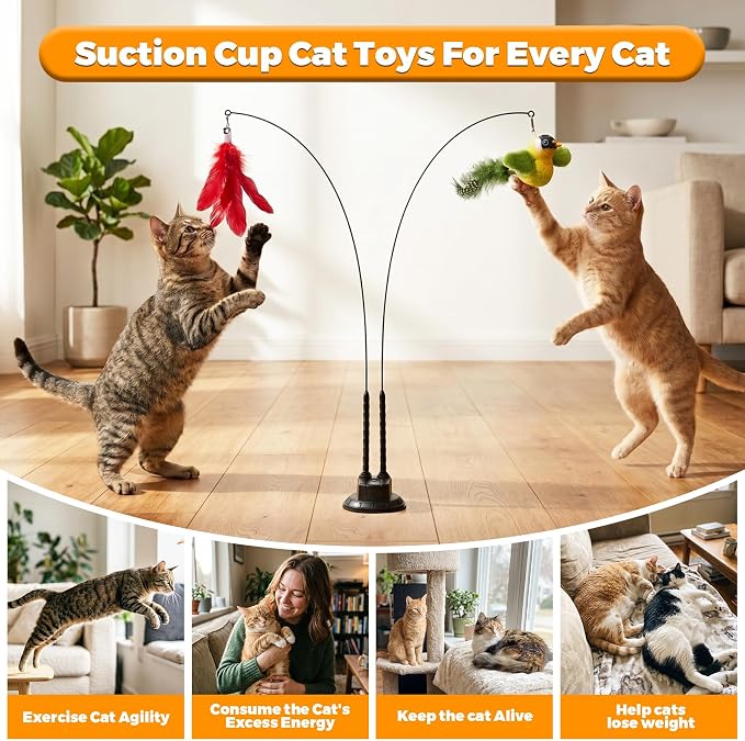 Interactive Suction Cup Cat Teaser Wand, Cat Toy with Simulated Bird & Spinning Feather Attachments, Strong Suction Base & Long Steel Wire for Kitten Self-Entertainment (Detachable) - Image 5