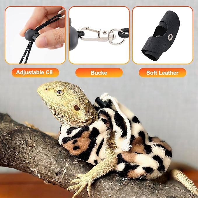 Bearded Dragon Lizard Leash Harness 3-Piece Set,Reptile Small Pet Backpack,3 Size Pack Adjustable Bearded Dragon Harness and Soft Comfortable Lizard Vest -Leopard Pattern