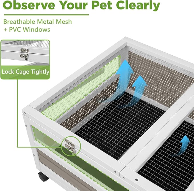 Tortoise Habitat with Lamp Holder in Indoor & Outdoor, Wooden Extensible Turtle Enclosure Table with 4 360° Lockable Wheels, Leakproof Tray, Openable Roof for Tortle, Lizard, Chameleon