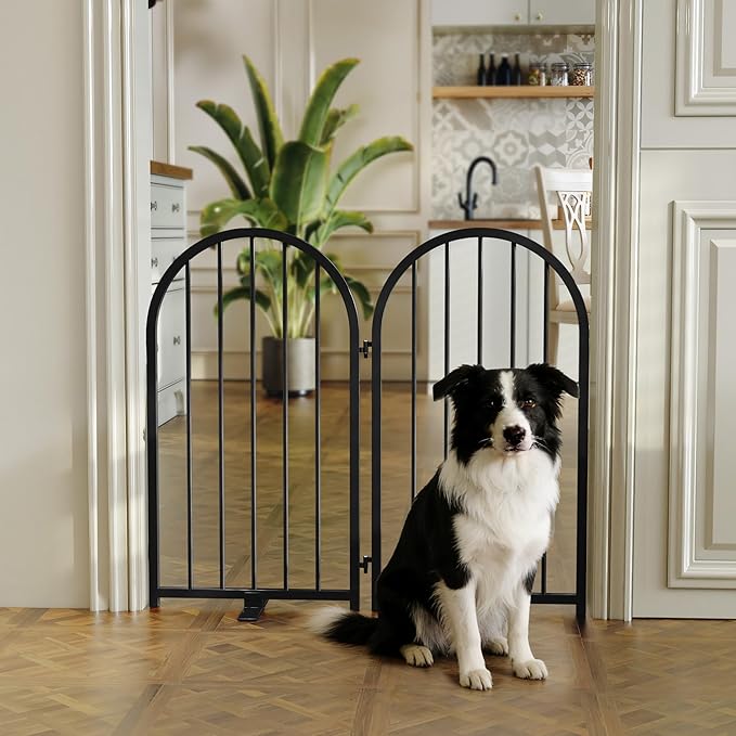 PUPETPO Full Metal Dog Gate for Indoor Outdoor, 32" Tall Free Standing Pet Dog Fence, 36" Wide Arched Pet Gates for Stairs, Hallways, Doorways, Kitchen, Decks, Yards (Black, 2 Panels)
