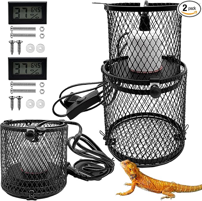kathson 2 PCS Retractable Reptile Heat Lamp Guard,Reptile Anti-Scald Mesh Cage Guard Lampshade,Ceramic Heat Emitter Heat Lamp Shade Fixture for Snake Lizard Turtle Frog,Without Bulb