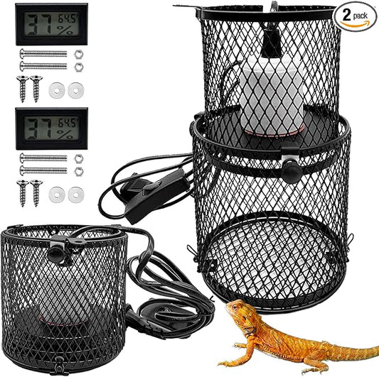 kathson 2 PCS Retractable Reptile Heat Lamp Guard,Reptile Anti-Scald Mesh Cage Guard Lampshade,Ceramic Heat Emitter Heat Lamp Shade Fixture for Snake Lizard Turtle Frog,Without Bulb