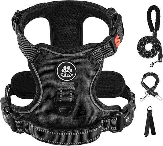 IVY&LANE No Pull Dog Harness for Large Dogs, Dog Vest Harness with Leash, Safety Belt and Storage Strap, Fully Adjustable Harness, 360° Reflective Strip, Soft Handle (Black, XL)