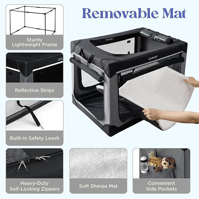 Lesure Shown on TODAY Show Soft Collapsible Dog Crate - 30 Inch Portable Travel Crate for Medium Dogs Indoor & Outdoor, 4-Door Foldable Pet Kennel with Mesh Windows, Grey