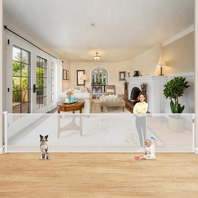 Reinforced 42" Extra Tall Retractable Baby Gates for Doorway, 200" Retractable Dog Gate With Support Rod, 16ft Extra Long Baby Gate for Large Opening, Bottom Anti-Crawl Indoor/Outdoor Mesh Child Gates