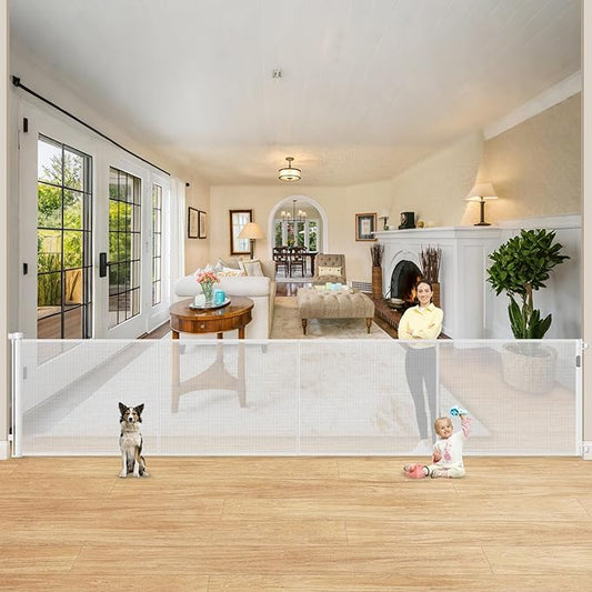 Reinforced 42" Extra Tall Retractable Baby Gates for Doorway, 200" Retractable Dog Gate With Support Rod, 16ft Extra Long Baby Gate for Large Opening, Bottom Anti-Crawl Indoor/Outdoor Mesh Child Gates