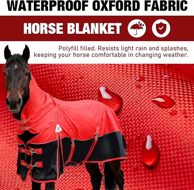 Horse Blankets Winter for Real Horses, 1600D Waterproof Poly Rain Sheets 81 in with Neck Cover Belly Wrap Tail Wrap Turnout Blanket, Stuff Care Medium Large Weight Heavy Outdoor Clothes Red Black