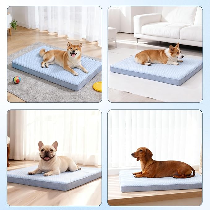 Cooling Dog Beds for Dogs, Orthopedic Memory Foam Dog Bed，Washable Pet Beds for Crate with Faux Fur Cover, Waterproof Lining, (Large: 35" x 22" x 3", Cooling Surface)