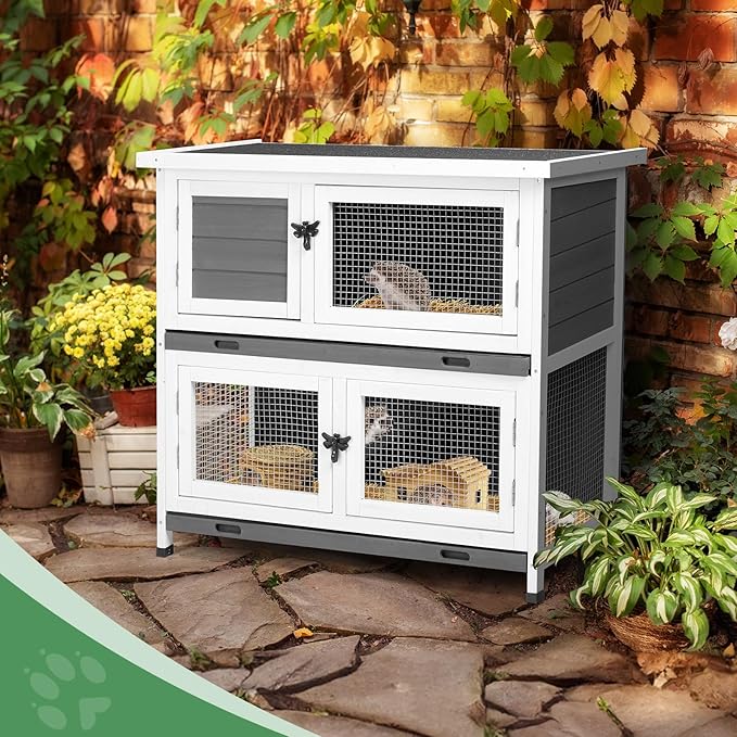 2 Story Rabbit Cage/Guinea Pig Cages,32.7”H Solid Wood Bunny Cage with Pull-Out Trays Waterproof Roof, Indoor Outdoor Rabbit Hutch Guinea Pig Cage Pet House for Small Animals