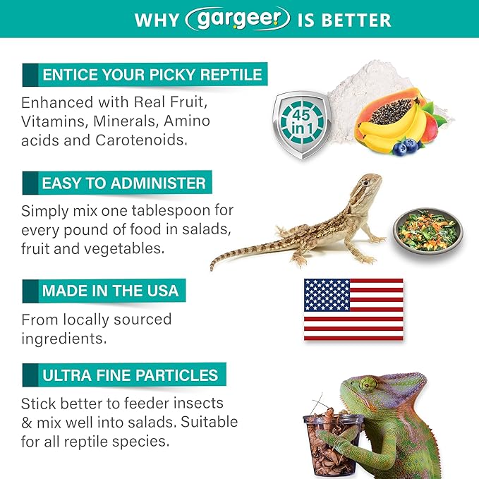 Gargeer 4oz Reptile Multi-Vitamin Supplement. Premium Ingredients, Rich with Organic Fruit, for Full Growth and Development Support. Boosted with Minerals and Amino Acids, Proudly Made in USA. Enjoy!