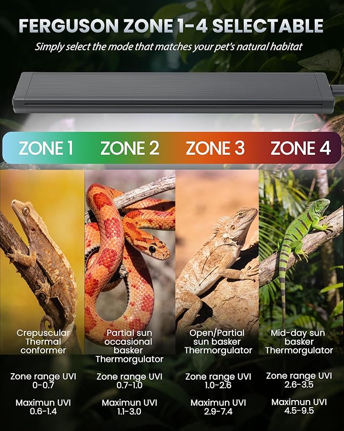 9.8 Inch Reptile LED UVB Light, Ferguson Zone 1-4 Selectable, Auto Cycle Timer, Independent Brightness Adjustment, 9W 6000K Energy-Saving Reptile Lamp (Not a Heat Lamp)