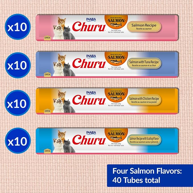 INABA Salmon Churu Cat Treats, Lickable, Squeezable Creamy Purée Cat Treat with Green Tea Extract & Taurine, 0.5 Ounces Each Tube, 40 Tubes, Salmon Variety Box - Image 6