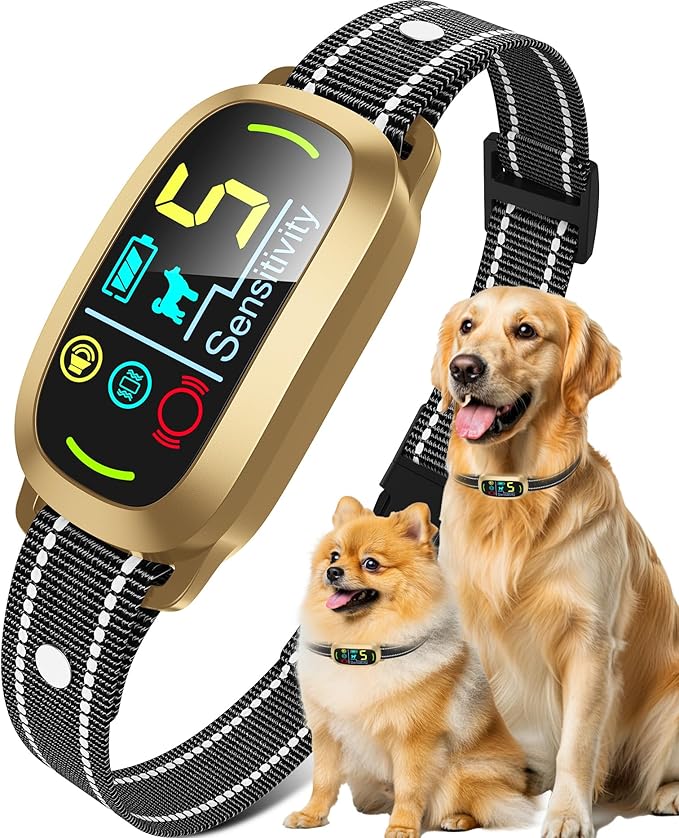 Rechargeable Dog Bark Collar with 5 Working Modes & LCD Display – Waterproof & 5 Adjustable Sensitivity Bark Collar for Large Medium Small Dogs(Gold)