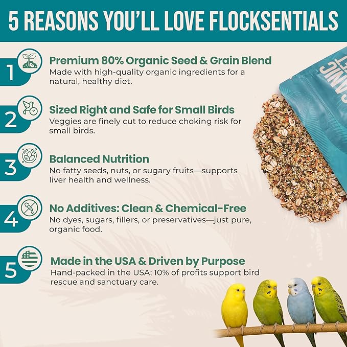 Organic Parakeet Food - No Fillers, Fatty Seeds, or Dyes - Budgies, Lovebirds & Parrotlets - Premium Human Grade Seed Mix, Grain & Wholesome Veggies – Made in USA (4 lbs)