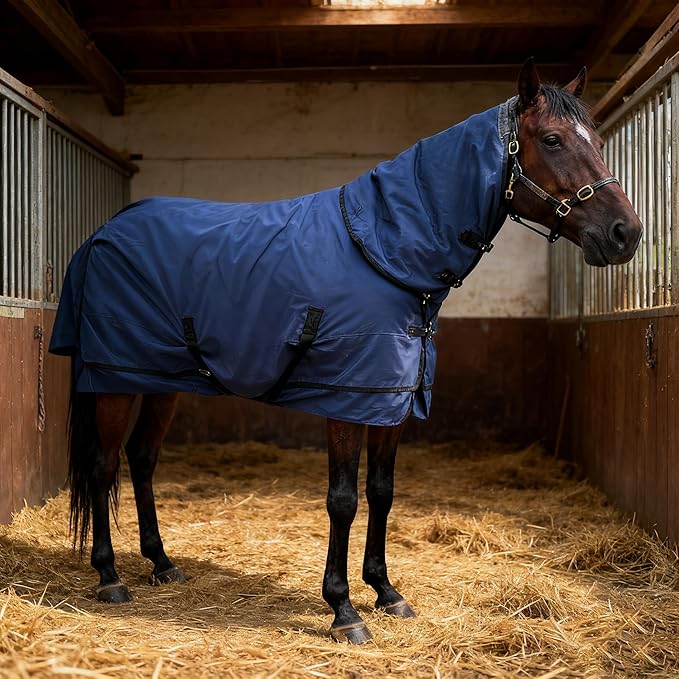 Horse Turnout Blanket | Medium Weight Horse Blanket with 1200D 250g Cotton Filling | Detachable Neck Cover & Belly Wrap (78in/145cm)