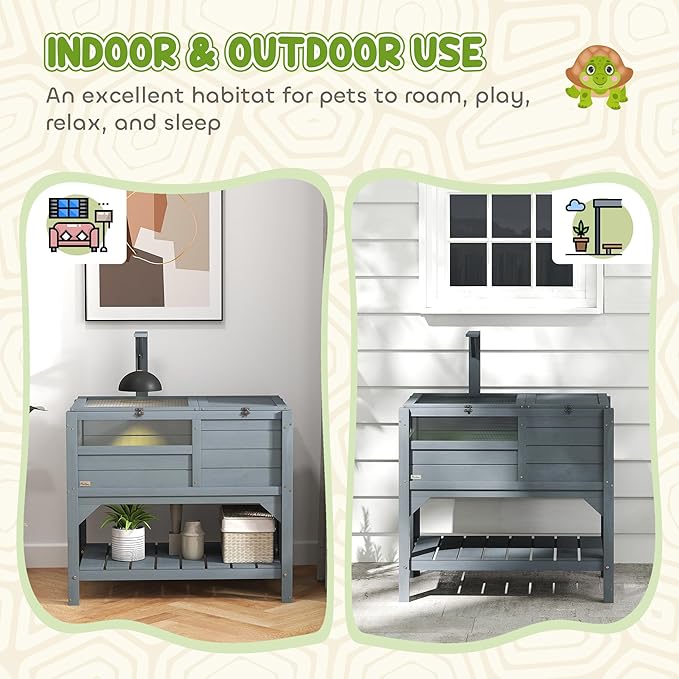 PawHut Tortoise Habitat with Shelf Storage, Reptile Enclosure with Tray, Light Support Frame, Gray
