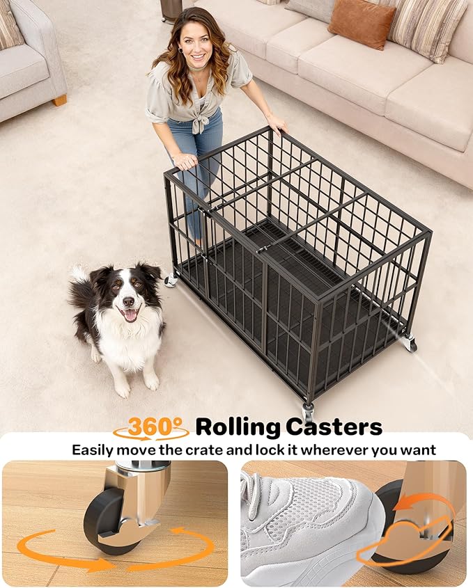 48 in Heavy Duty Dog Crate for Large Dogs, Dog Kennel Indoor with Removable Tray and Lockable Wheels, Easy to Clean, XL Dog Cage for Large and Medium Dogs