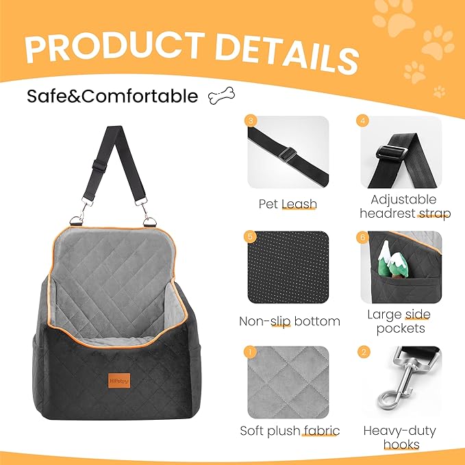 HiPetpy Dog Car Seat for Small Dog, Booster Seat for Dogs Under 30lb, Elevated Pet Seat with Pockets, Anti-Slip Bed for Car, Perfect for Front & Back Seats with Safety Leash (Black/Grey, Medium)