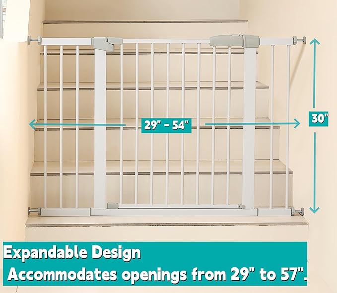 44.72"-46.89" Baby and Pet Safety Gate, 30" Tall Metal Walk-Thru Gate for Doorways & Stairs, Easy One-Hand Open, Dual Lock, Extensions & Wall Mounts Included (White, 29"-46" W x 30.5“H)
