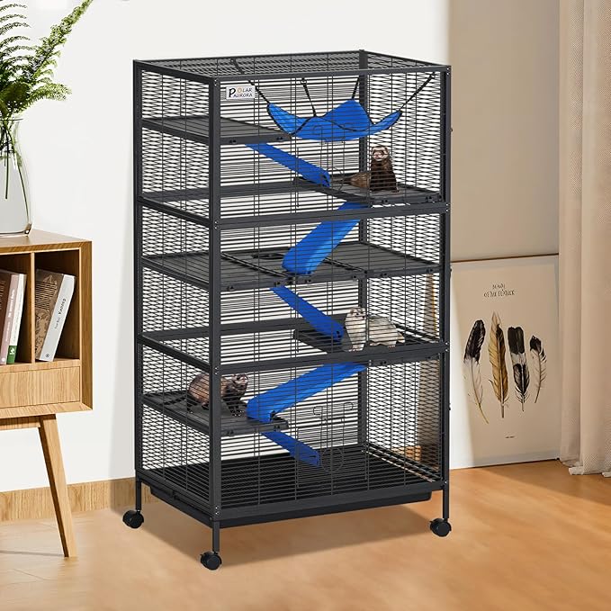 Polar Aurora Metal Small Animal Cage, 59" H Ferret Cage with Lockable Wheels, Deluxe Chinchilla Cages with Hammock and Removable Tray, 6 Tiers Animal Cages for Pets