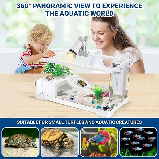 GOZILLA Turtle Tank Kit+Lamp+Filter, Upgrade PC Turtle Tank Starter Kit with Adjustable Lamp & Filter,Reptile Habitat with Lid,Basking Platform for Small Reptiles(19.68× 9.52× 9.44''/White-Large-Kit)