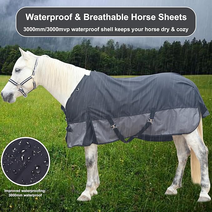 1200D Ripstop Waterproof Breathable Horse Blanket (0g No Fill), Lightweight Turnout Rain Sheet, Keeps Dry in Mud & Wet Weather BlackGrey 75"