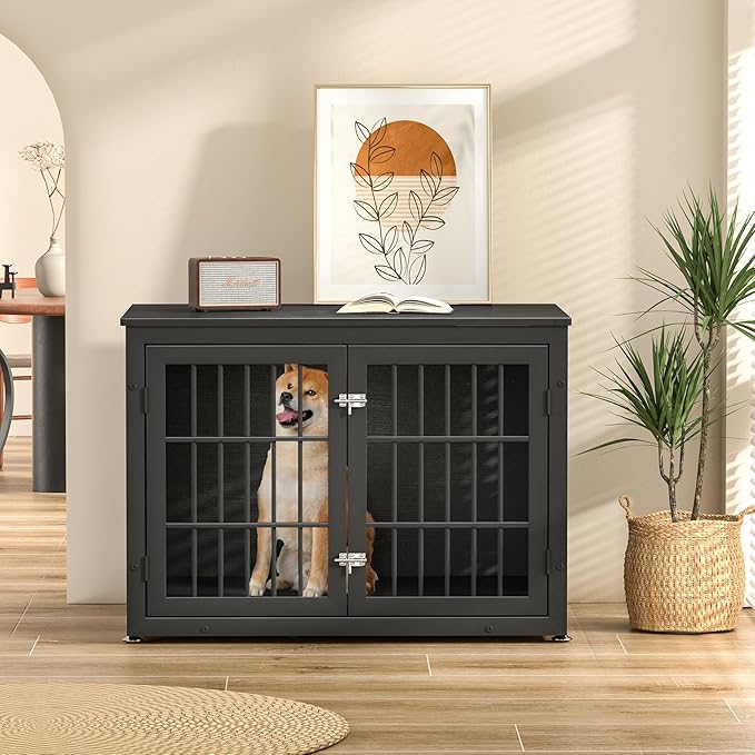 rehomerance 38" Heavy Duty Dog Crate Furniture for Large and Medium Dogs,Wooden Metal Kennel for High Anxiety Dogs, Chew Proof Pet Cage Indoor, Decorative Dog Kennel End Table
