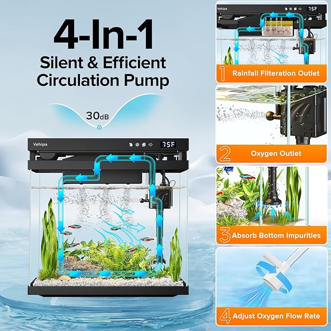 Fish Tank, 2.2 Gallon Smart Aquarium, Small Fish Aquarium Kits with Smart Humidifier, Auto Feeder, Silent Water Pump, Temperature Display & 7-Color Lighting, for Office & Home - Black