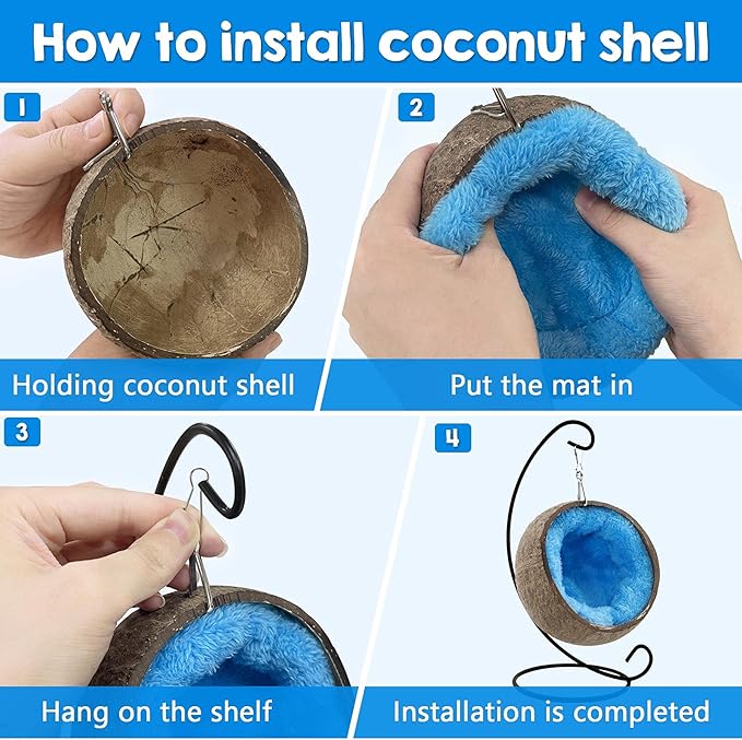 Ranslen Natural Coconut Hamster Hideout Hammock with Molar Toy Suspension Coconut Husk Hamster Bed House with Warm Pad Small Animal Guinea Pigs Habitat Decor Accessories Hanging Loop (Brown)