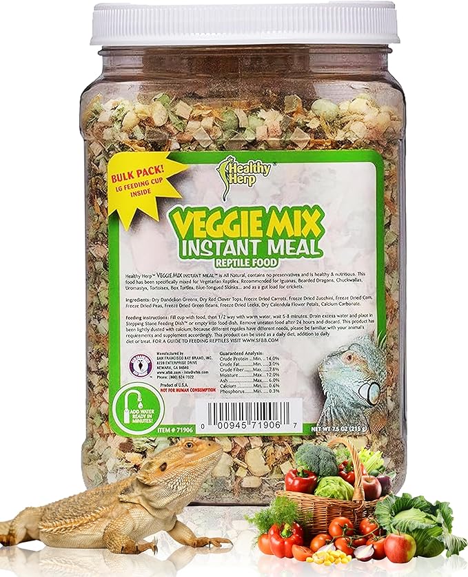 Healthy Herp Veggie Mix Instant Meal for Reptiles - Nutritious Bearded Dragon Accessories, Bearded Dragon Food - Made in USA - Quick Prep, Ideal for Box Turtles, Lizards, Tortoises - 7.5 oz (212g)