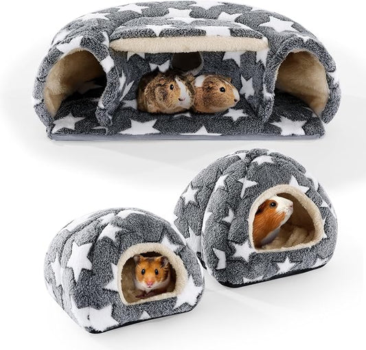 MABOZOO 3 Pack Guinea Pig House Accessories, 2 Cozy Guinea Pig Bed and Hideout Tunnel, Chinchillas Hideout for Hamster, Rabbit, Bunny, Chinchillas (Gray)
