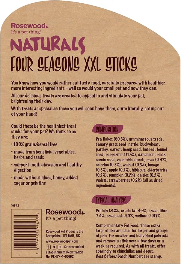Rosewood Naturals Small Animal Treats Four Seasons Grain-Free XXL Sticks for Rabbit Owners, Small Breeds, 0.45kg, 450g, Strawberry, Elderberry, Pumpkin, Apple