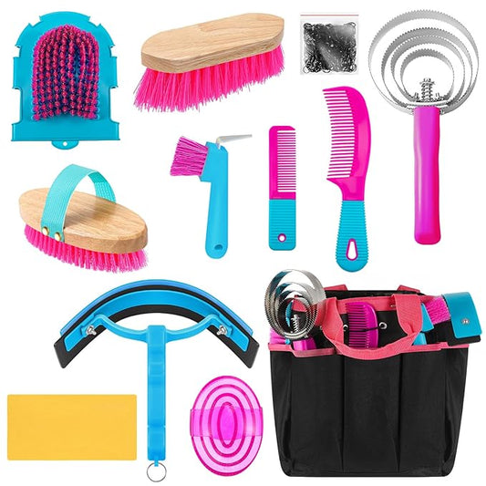Abbylike 12 Pieces Horse Grooming Kit with Organizer Tote Bag Tack Room Supplies Horse Brush Sets Equine Care Cleaning Kit Shedding Grooming Massaging Tools(Rose Red)