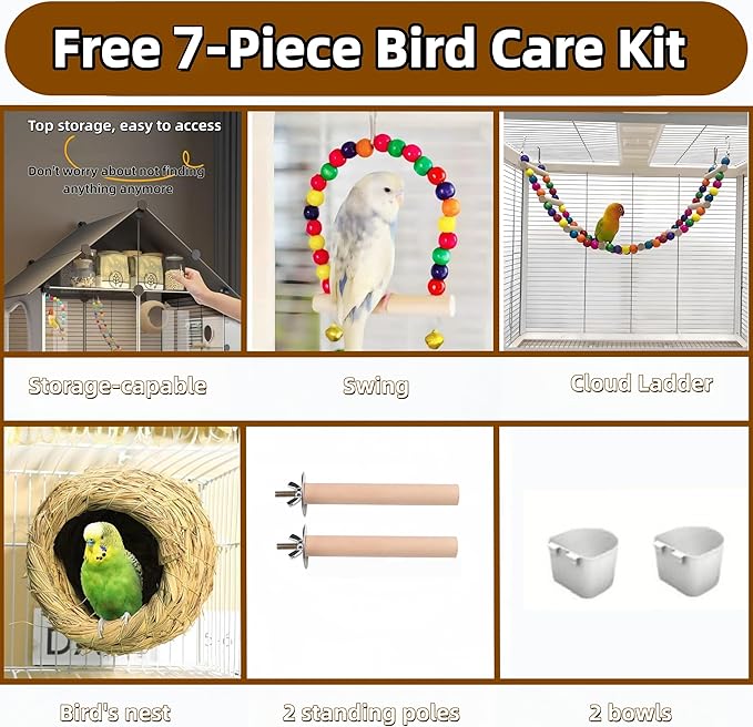 60in Large Flight Bird cage, Equipped with Bird's Nest， Ladder, Swing, Feeder, etc. with Wheels for Easy Outdoor Movement, Suitable for Parrots, Pigeons (Black, 28.4" L x14.2W x 60" H)