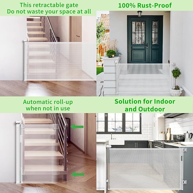 Upgraded Retractable Baby Gate for Stairs, 33"Tall Expands 55"Wide Ideal Safety Solution Dog Gate for Stairs Doorways Hallways Indoor Outdoor Mesh Baby Gate Retractable Screen Door(White,86CMx140CM)