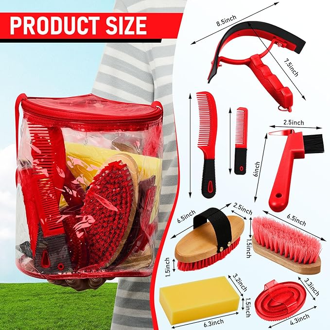 Cunhill 9 Pcs Horse Grooming Kit Tack Room Supplies Set with Tote Bag, Oval Massage Curry, Hard and Soft Brush, Hoof Pick, Sweat Scraper, Bathing Sponge, Comb for Horse Rider(Cute,Red)