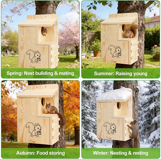 Large Wooden Squirrel House for Outside, Predator Guard Squirrel Nesting Box, Easy Assembly Outdoor Shelter for Squirrels & Chipmunks, Weatherproof Pine Wood Wildlife Habitat