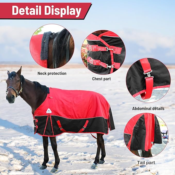 Surcingle Red Turnout Blankets for Horse,1680D Winter Waterproof Horse Blanket, 300g / 14oz Warm Filling Liner, Medium Weight Waterproof Horse Blanket,Warm US 72 in(EU 135 cm)