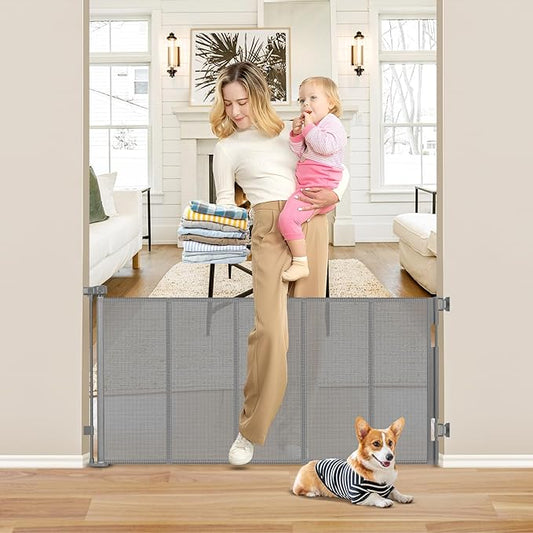 Reinforced 26 Inch Tall Retractable Child Gate to Step Over 55" Wide Small Retractable Baby Gates for Stair Retractable Dog Gate Short Mesh Dog Gate Retractable Toddler Gates for Doorways Doggy Gate